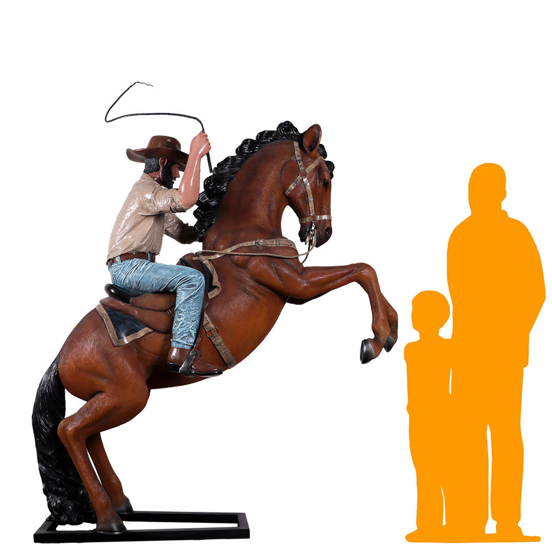 Cowboy On Rearing Horse Life Size Statue